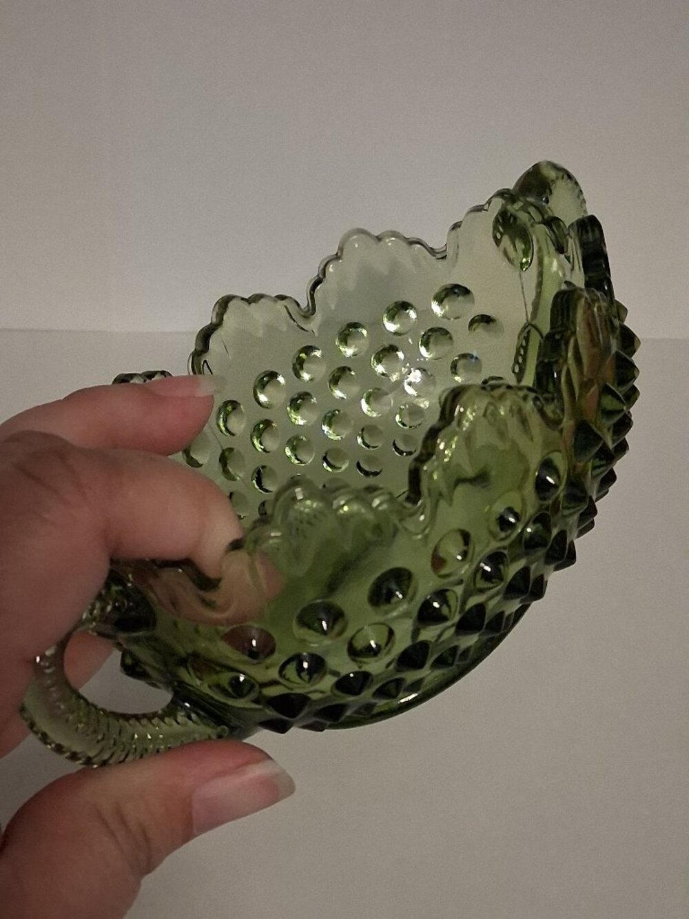 Vintage Fenton 2-Handled Oval Sugar Candy Bowl Colonial Green Hobnail Pattern